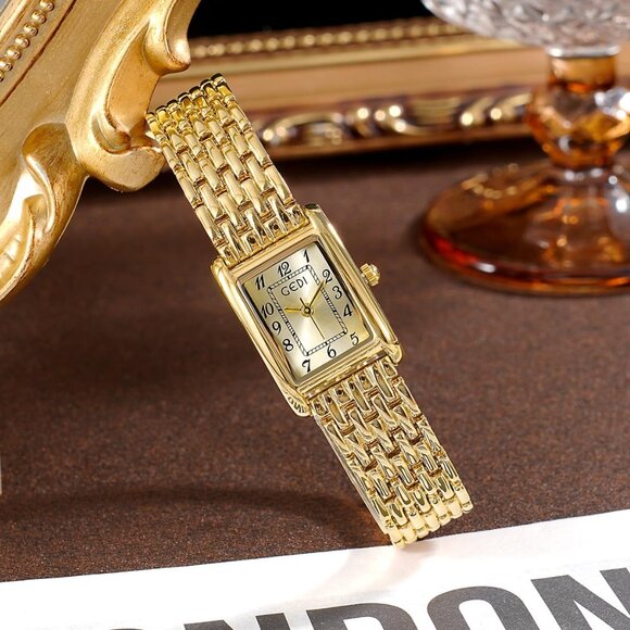 Vintage Gold Silver Women's Watch Rectangular Dial Stainless Steel Band Elegant - Picture 2 of 6